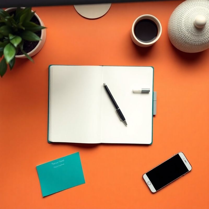 Scrivania minimale con quaderno, penna e smartphone